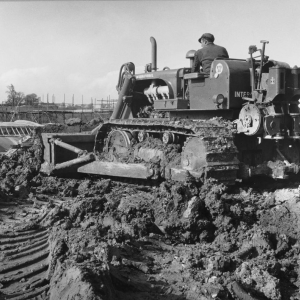 1959 M1: Ground works on one of the sites along the  four first stretches being built by John Laing. It was the dawn of the motorway era, although a small section of multi carriageway road had been previously built as part of the Preston bypass.